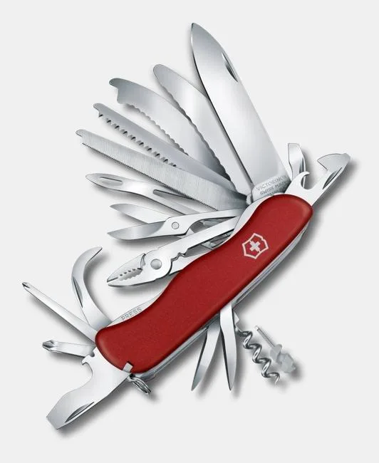 A red Victorinox Swiss Army knife is shown with all of its metal tools and blades fanned out in a circular arrangement against a white background.